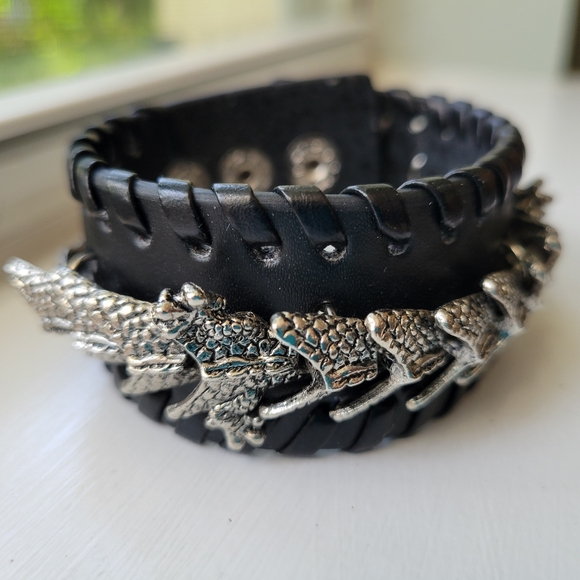 Steel Articulated Dragon & Dark Brown Leather Unisex Bracelet Snap Closure 8.5" - Picture 8 of 9